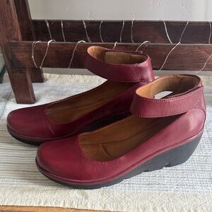 Clarks Maroon Ankle Strap Wedges (New)